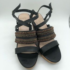 Celebrity Cork Wedges, Beaded Black Straps SZ 7